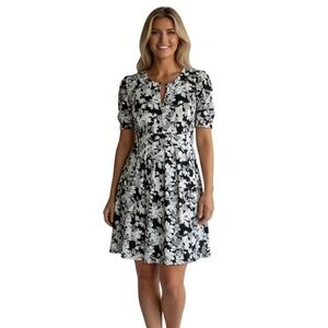 LOFT Ann Taylor Black White Floral Print Short‎ Sleeve Midi Dress Womens XS